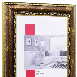 Barock-Bilderrahmen Profil 31 40x50 cm | Braun mit goldener Zierleiste | Normalglas (2 mm)