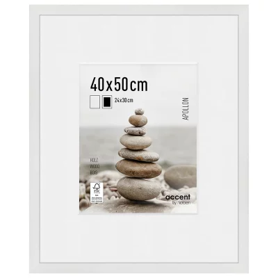 Cornice in legno Apollon con passepartout 40x50 cm (24x30 cm) | bianco | Vetro standard (2 mm)