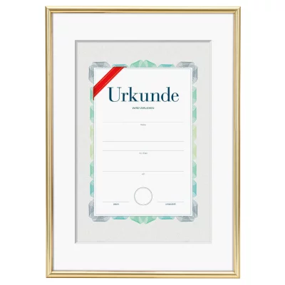 Kunststoframme med passepartout til beviser og diplomer, A4 29,7x42 cm (A3) für A4-Urkunden | Guld | Antirefleksglas matteret (2 mm)