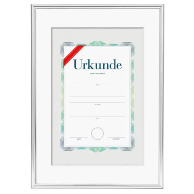 Kunststoframme med passepartout til beviser og diplomer, A4 29,7x42 cm (A3) für A4-Urkunden | Sølv | Antirefleksglas matteret (2 mm)