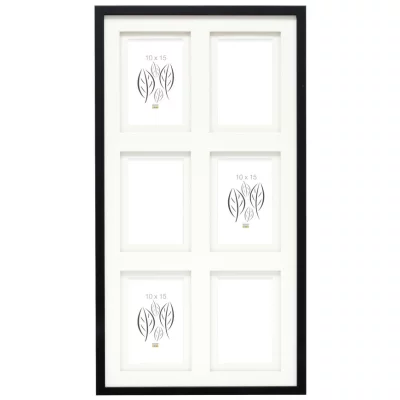 Houten multi fotolijst Anna voor 6 foto's met dubbele passe-partout 6x10x15 cm | zwart | normaal glas (2 mm)