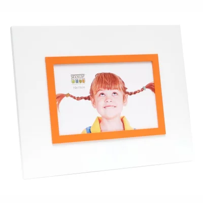 Drewniana rama do obrazu Theo 10x15 cm | biały z pomarańczową krawędzią wewnętrzną | szkło standardowe (2 mm)