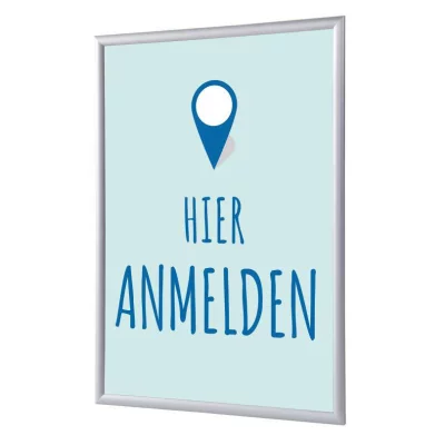 Kliklijst 25 mm, Complete Set inclusief poster: Hier Melden (Nederlands / Engels / Duits) 59,4x84,1 cm (A1) | Blauw - Duits | kunstglas, gematteerd (1 mm)