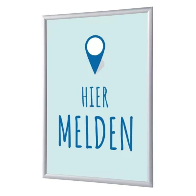 Kliklijst 25 mm, Complete Set inclusief poster: Hier Melden (Nederlands / Engels / Duits) 59,4x84,1 cm (A1) | Blauw - Nederlands | kunstglas, gematteerd (1 mm)