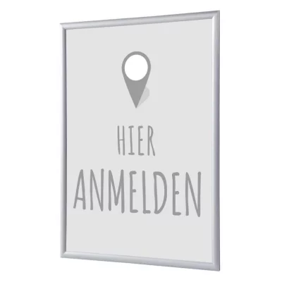 Kliklijst 25 mm, Complete Set inclusief poster: Hier Melden (Nederlands / Engels / Duits) 59,4x84,1 cm (A1) | Grijs - Duits | kunstglas, gematteerd (1 mm)