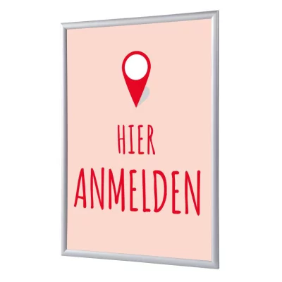Kliklijst 25 mm, Complete Set inclusief poster: Hier Melden (Nederlands / Engels / Duits) 59,4x84,1 cm (A1) | Rood - Duits | kunstglas, gematteerd (1 mm)