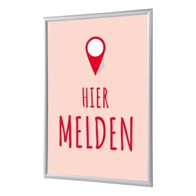 Kliklijst 25 mm, Complete Set inclusief poster: Hier Melden (Nederlands / Engels / Duits) 59,4x84,1 cm (A1) | Rood - Nederlands | kunstglas, gematteerd (1 mm)