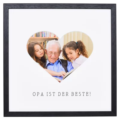 Bilderrahmen mit Herz-Passepartout & Text "Opa ist der Beste!" 30x30 cm | schwarz | Normalglas (2 mm)
