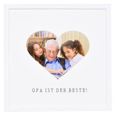 Bilderrahmen mit Herz-Passepartout & Text "Opa ist der Beste!" 30x30 cm | weiß | Normalglas (2 mm)