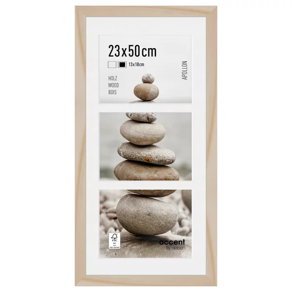 Cadre multi photos en bois Apollon pour 3 photos 13x18 cm 23x50 cm (3x13x18 cm) | naturel | verre standard (2 mm)