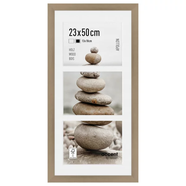 Cadre multi photos en bois Apollon pour 3 photos 13x18 cm 23x50 cm (3x13x18 cm) | argent | verre standard (2 mm)