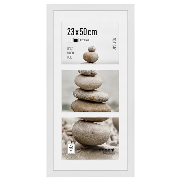 Cadre multi photos en bois Apollon pour 3 photos 13x18 cm 23x50 cm (3x13x18 cm) | blanc | verre standard (2 mm)