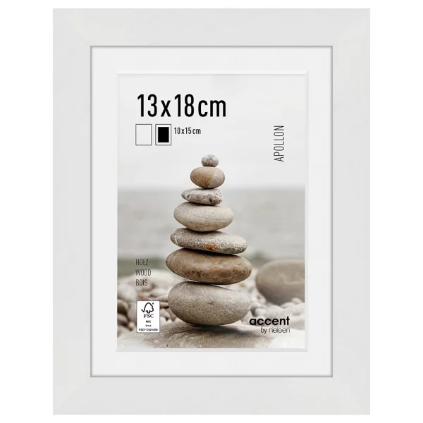 Cadre en bois Apollon avec passe-partout 13x18 cm (10x15 cm) | blanc | verre standard (2 mm)