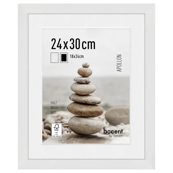 Cadre en bois Apollon avec passe-partout 24x30 cm (18x24 cm) | blanc | verre standard (2 mm)