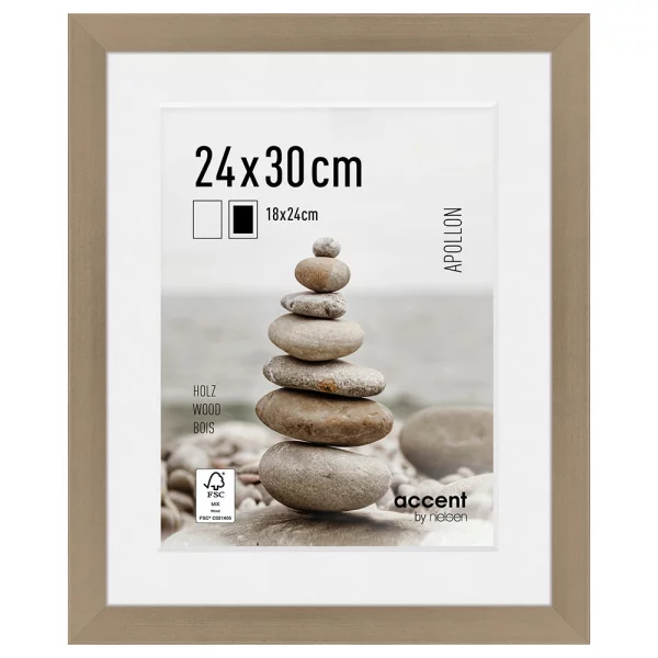 Holz Bilderrahmen Apollon mit Passepartout 24x30 cm (18x24 cm) | Silber | Normalglas (2 mm)