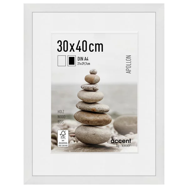 Cadre en bois Apollon avec passe-partout 30x40 cm (21x29,7 cm) | blanc | verre standard (2 mm)