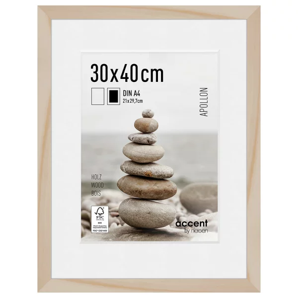 Cadre en bois Apollon avec passe-partout 30x40 cm (21x29,7 cm) | naturel | verre standard (2 mm)