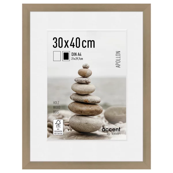 Cadre en bois Apollon avec passe-partout 30x40 cm (21x29,7 cm) | argent | verre standard (2 mm)