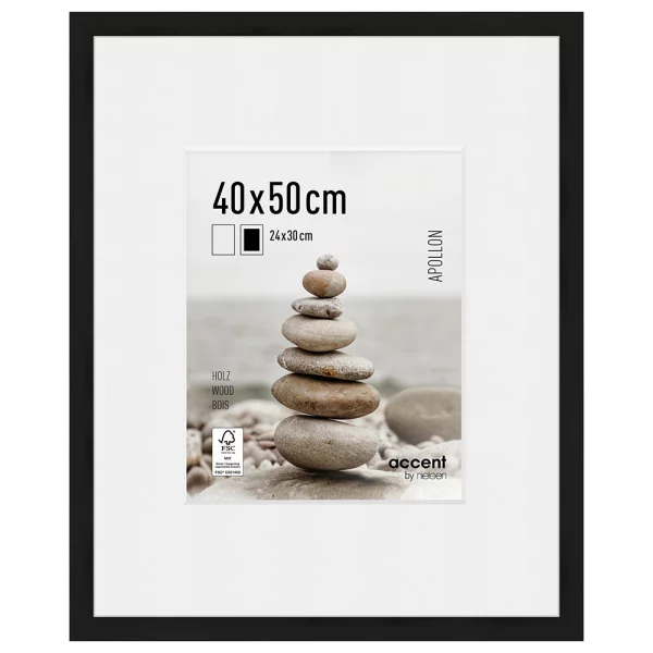 Cadre en bois Apollon avec passe-partout 40x50 cm (24x30 cm) | noir | verre standard (2 mm)