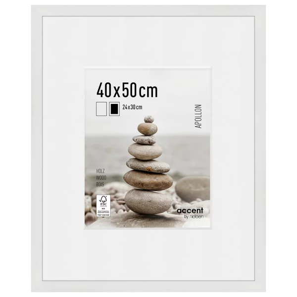 Cadre en bois Apollon avec passe-partout 40x50 cm (24x30 cm) | blanc | verre standard (2 mm)