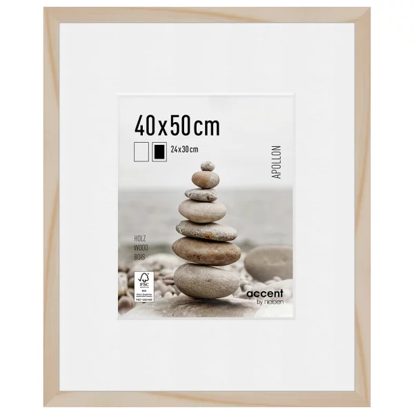 Cadre en bois Apollon avec passe-partout 40x50 cm (24x30 cm) | naturel | verre standard (2 mm)