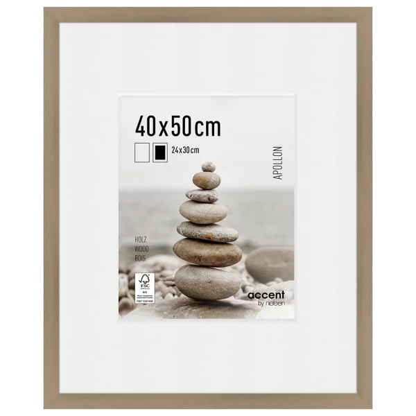 Cadre en bois Apollon avec passe-partout 40x50 cm (24x30 cm) | argent | verre standard (2 mm)