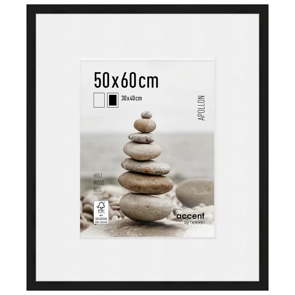 Cadre en bois Apollon avec passe-partout 50x60 cm (30x40 cm) | noir | verre standard (2 mm)