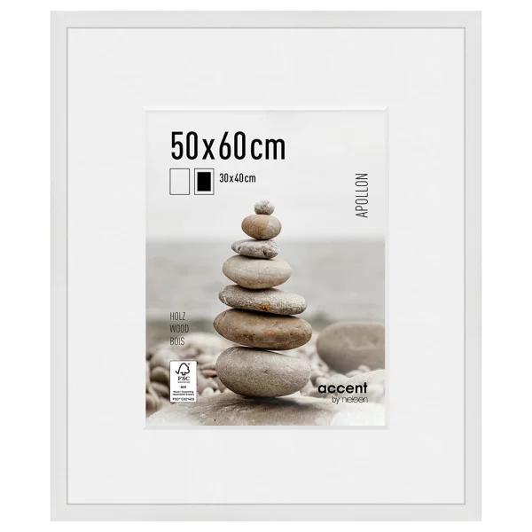 Cadre en bois Apollon avec passe-partout 50x60 cm (30x40 cm) | blanc | verre standard (2 mm)