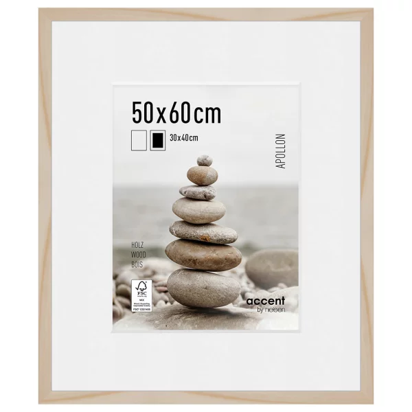 Cadre en bois Apollon avec passe-partout 50x60 cm (30x40 cm) | naturel | verre standard (2 mm)