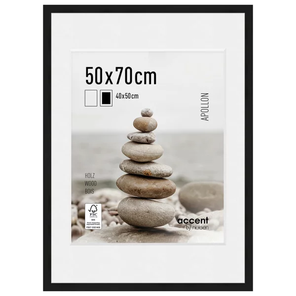 Cadre en bois Apollon avec passe-partout 50x70 cm (40x50 cm) | noir | verre standard (2 mm)