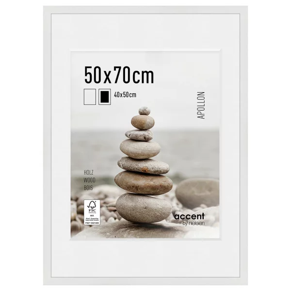 Cadre en bois Apollon avec passe-partout 50x70 cm (40x50 cm) | blanc | verre standard (2 mm)