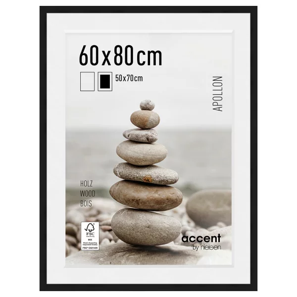 Holz-Bilderrahmen Apollon mit Passepartout 60x80 cm (50x70 cm) | Schwarz | Normalglas (2 mm)
