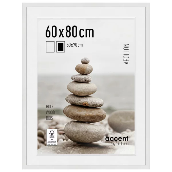 Holz-Bilderrahmen Apollon mit Passepartout 60x80 cm (50x70 cm) | Weiß | Normalglas (2 mm)