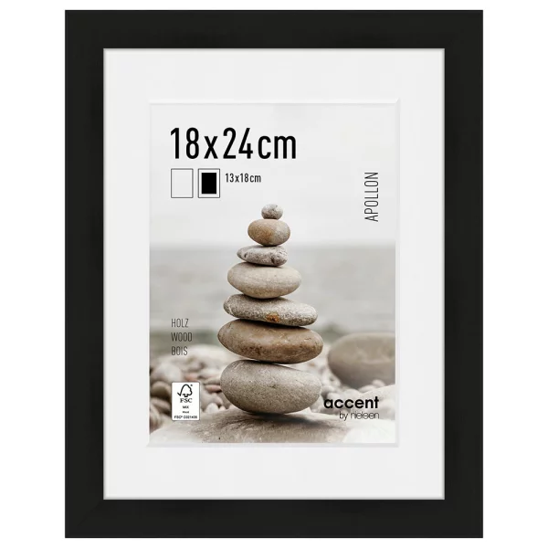 Cadre en bois Apollon avec passe-partout 18x24 cm (13x18 cm) | noir | verre standard (2 mm)