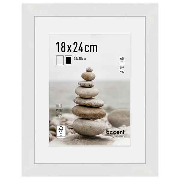 Cadre en bois Apollon avec passe-partout 18x24 cm (13x18 cm) | blanc | verre standard (2 mm)