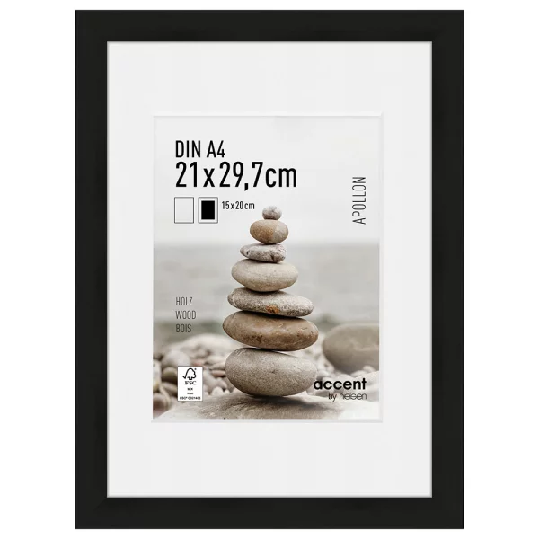 Holz-Bilderrahmen Apollon mit Passepartout 21x29,7 cm (15x20 cm) | Schwarz | Normalglas (2 mm)