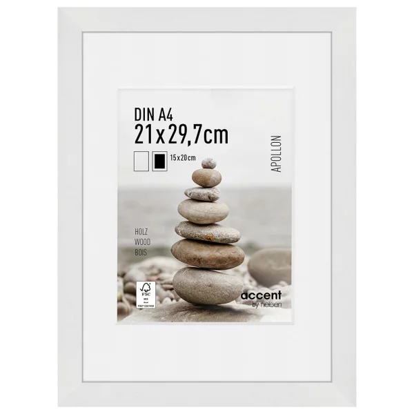Holz-Bilderrahmen Apollon mit Passepartout 21x29,7 cm (15x20 cm) | Weiß | Normalglas (2 mm)