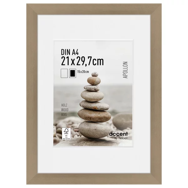 Holz-Bilderrahmen Apollon mit Passepartout 21x29,7 cm (15x20 cm) | Silber | Normalglas (2 mm)