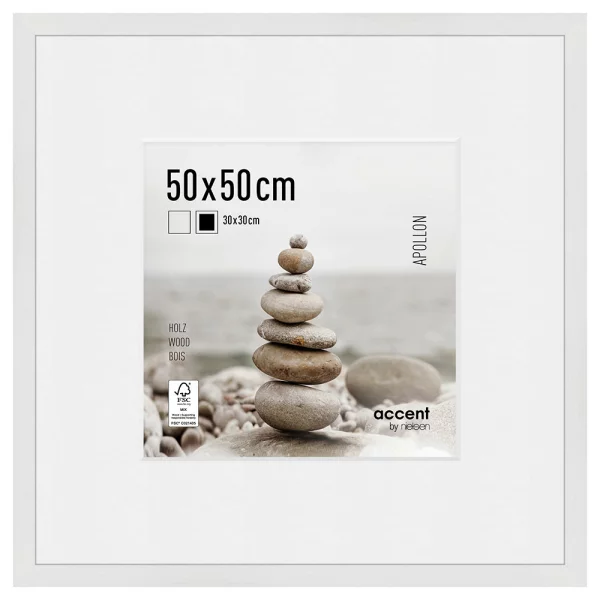 Cadre en bois Apollon avec passe-partout 50x50 cm (30x30 cm) | blanc | verre standard (2 mm)
