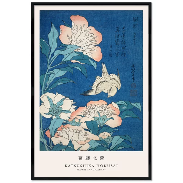 Poster mit Rahmen - Katsushika Hokusai - Peonies and Canary 13x18 cm | Schwarz
