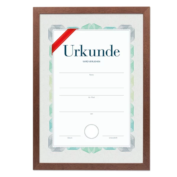 Holz-Bilderrahmen mit Urkunde, DIN A4 21x29,7 cm (A4) | Braun | Antireflexglas mattiert (2 mm)