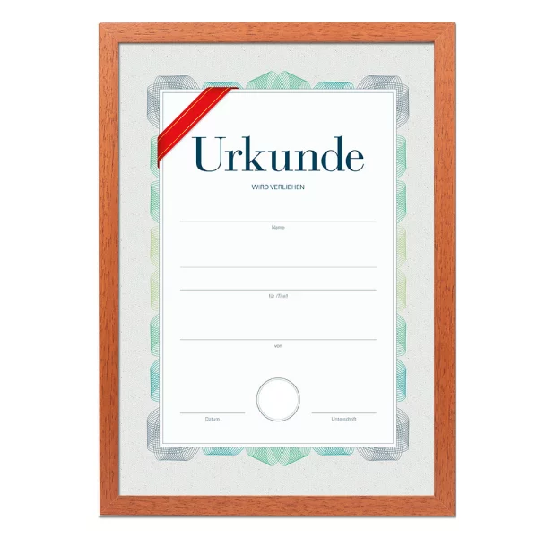Holz-Bilderrahmen mit Urkunde, DIN A4 21x29,7 cm (A4) | Kirsche | Antireflexglas mattiert (2 mm)