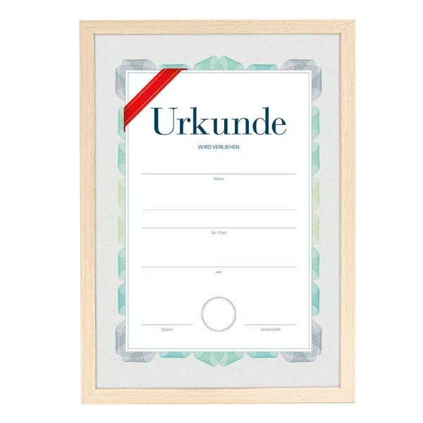 Holz-Bilderrahmen mit Urkunde, DIN A4 21x29,7 cm (A4) | Natur | Normalglas (2 mm)