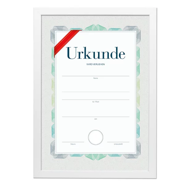 Holz-Bilderrahmen mit Urkunde, DIN A4 21x29,7 cm (A4) | Weiß | Antireflexglas mattiert (2 mm)