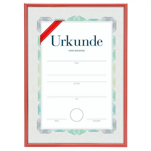Kunststoff Bilderrahmen mit Urkunde, DIN A4 21x29,7 cm (A4) | Rot | Normalglas (2 mm)