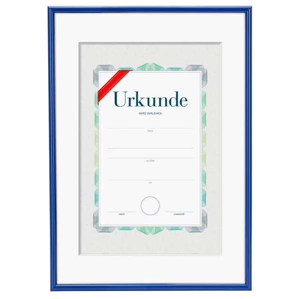 Kunststoffrahmen mit Urkunde & Passepartout für DIN A4 29,7x42 cm (A3) für A4-Urkunden | Blau | Antireflexglas mattiert (2 mm)