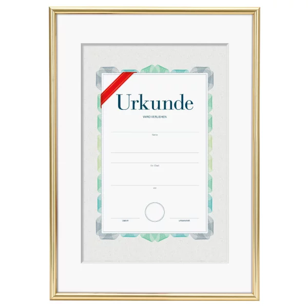 Kunststoffrahmen mit Urkunde & Passepartout für DIN A4 29,7x42 cm (A3) für A4-Urkunden | Gold | Antireflexglas mattiert (2 mm)
