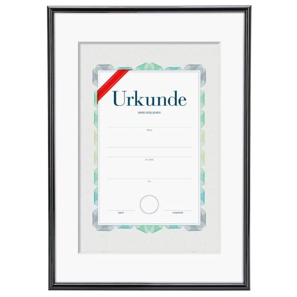 Kunststoffrahmen mit Urkunde & Passepartout für DIN A4 29,7x42 cm (A3) für A4-Urkunden | Schwarz | Antireflexglas mattiert (2 mm)