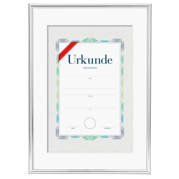 Kunststoffrahmen mit Urkunde & Passepartout für DIN A4 29,7x42 cm (A3) für A4-Urkunden | Silber | Antireflexglas mattiert (2 mm)