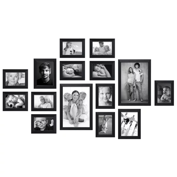 Galerie murale, 15 cadres avec règle pratique pour le montage noir | verre standard (2 mm)